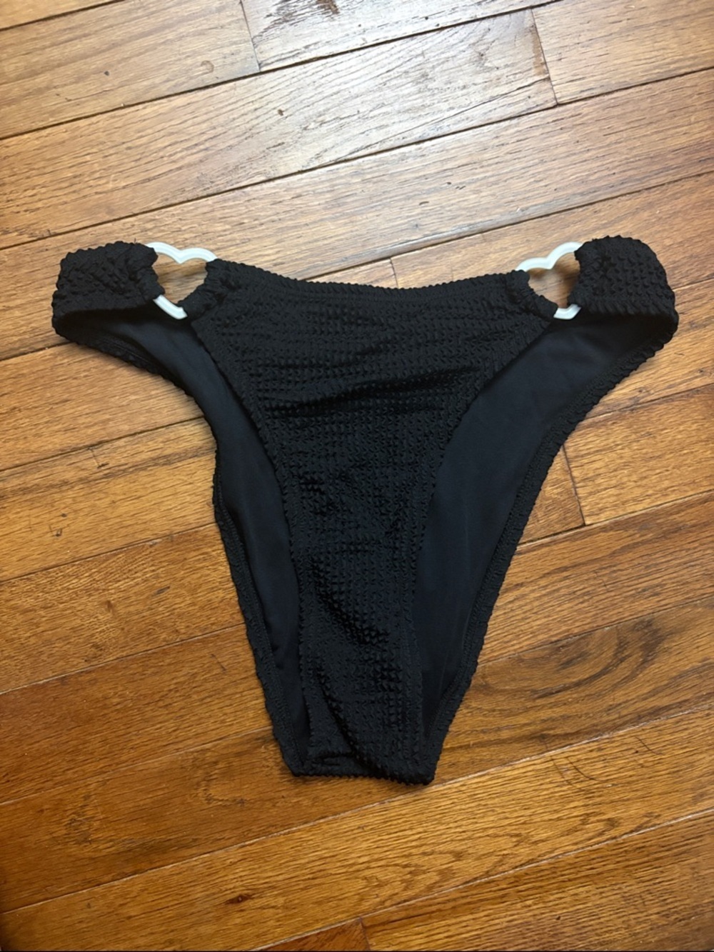 Halara Black Textured Heart Bikini Bottom with Side Ring Detail Small